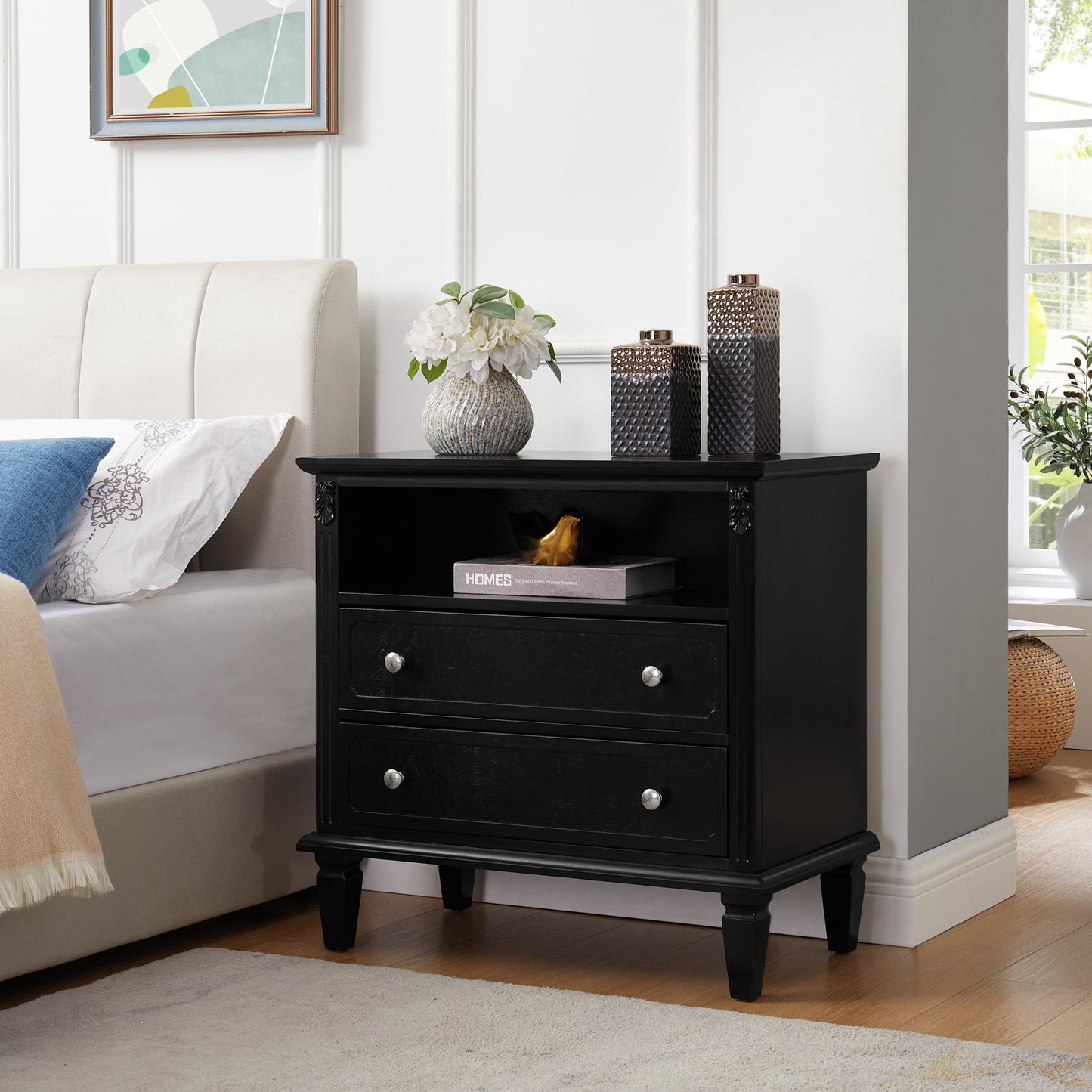 Open Space and 2 Drawers Dresser Nightstand with Charging Station, Farmhouse End Table with USB Ports and Outlets, Fluted Pilasters Design Side Table with Solid Wood Legs for Bedroom - 1st Choice Furniture Direct