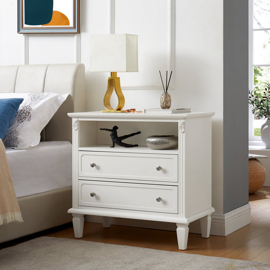 Open Space and 2 Drawers Dresser Nightstand with Charging Station, Farmhouse End Table with USB Ports and Outlets, Fluted Pilasters Design Side Table with Solid Wood Legs for Bedroom - 1st Choice Furniture Direct
