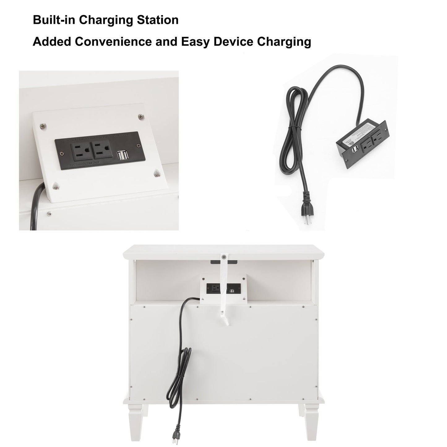 Open Space and 2 Drawers Dresser Nightstand with Charging Station, Farmhouse End Table with USB Ports and Outlets, Fluted Pilasters Design Side Table with Solid Wood Legs for Bedroom - 1st Choice Furniture Direct