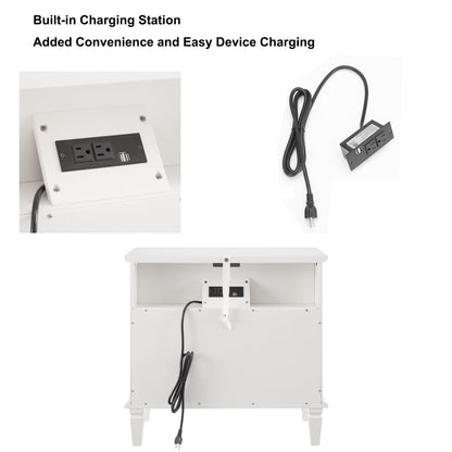 Open Space and 2 Drawers Dresser Nightstand with Charging Station, Farmhouse End Table with USB Ports and Outlets, Fluted Pilasters Design Side Table with Solid Wood Legs for Bedroom - 1st Choice Furniture Direct