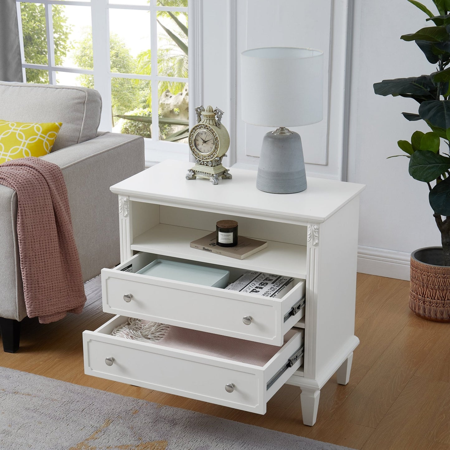 Open Space and 2 Drawers Dresser Nightstand with Charging Station, Farmhouse End Table with USB Ports and Outlets, Fluted Pilasters Design Side Table with Solid Wood Legs for Bedroom - 1st Choice Furniture Direct