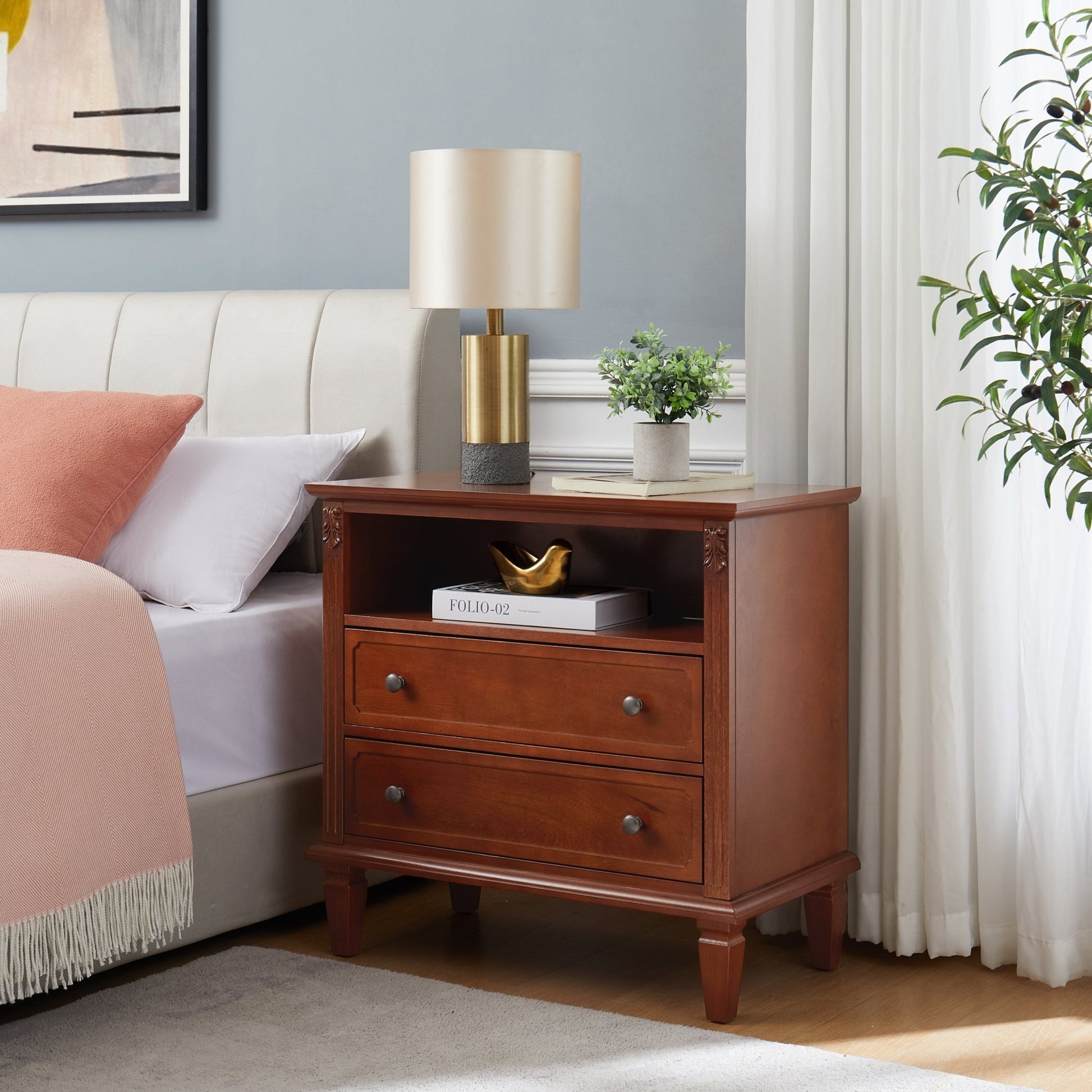 Open Space and 2 Drawers Dresser Nightstand with Charging Station, Farmhouse End Table with USB Ports and Outlets, Fluted Pilasters Design Side Table with Solid Wood Legs for Bedroom - 1st Choice Furniture Direct