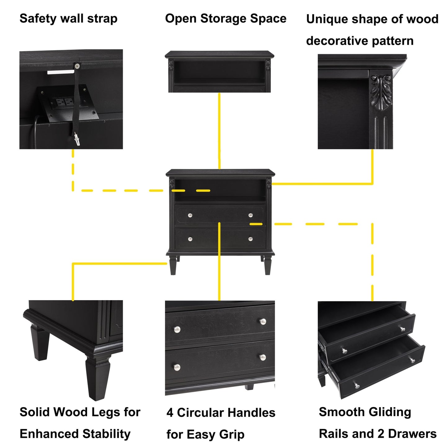 Open Space and 2 Drawers Dresser Nightstand with Charging Station, Farmhouse End Table with USB Ports and Outlets, Fluted Pilasters Design Side Table with Solid Wood Legs for Bedroom - 1st Choice Furniture Direct
