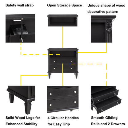 Open Space and 2 Drawers Dresser Nightstand with Charging Station, Farmhouse End Table with USB Ports and Outlets, Fluted Pilasters Design Side Table with Solid Wood Legs for Bedroom - 1st Choice Furniture Direct