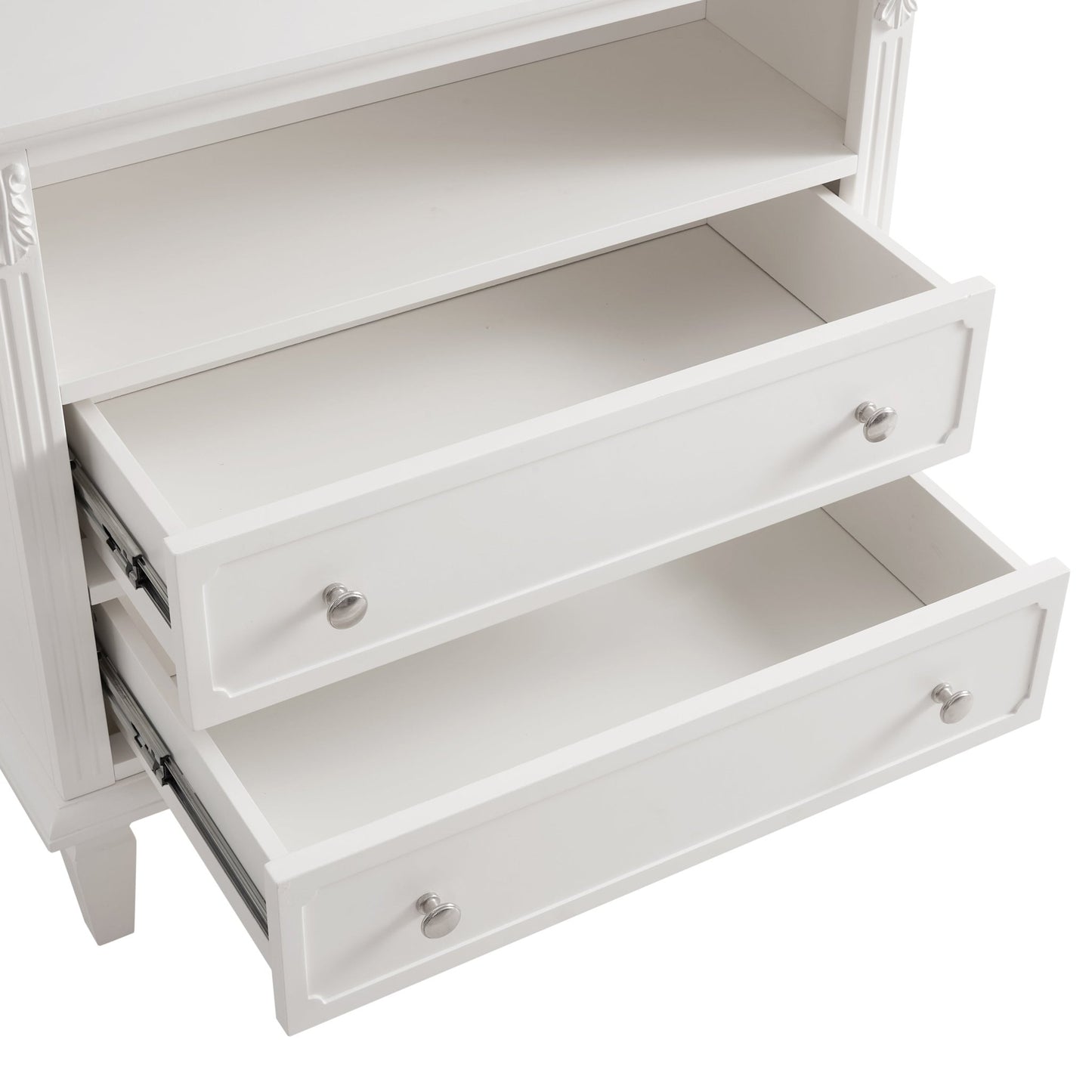 Open Space and 2 Drawers Dresser Nightstand with Charging Station, Farmhouse End Table with USB Ports and Outlets, Fluted Pilasters Design Side Table with Solid Wood Legs for Bedroom - 1st Choice Furniture Direct