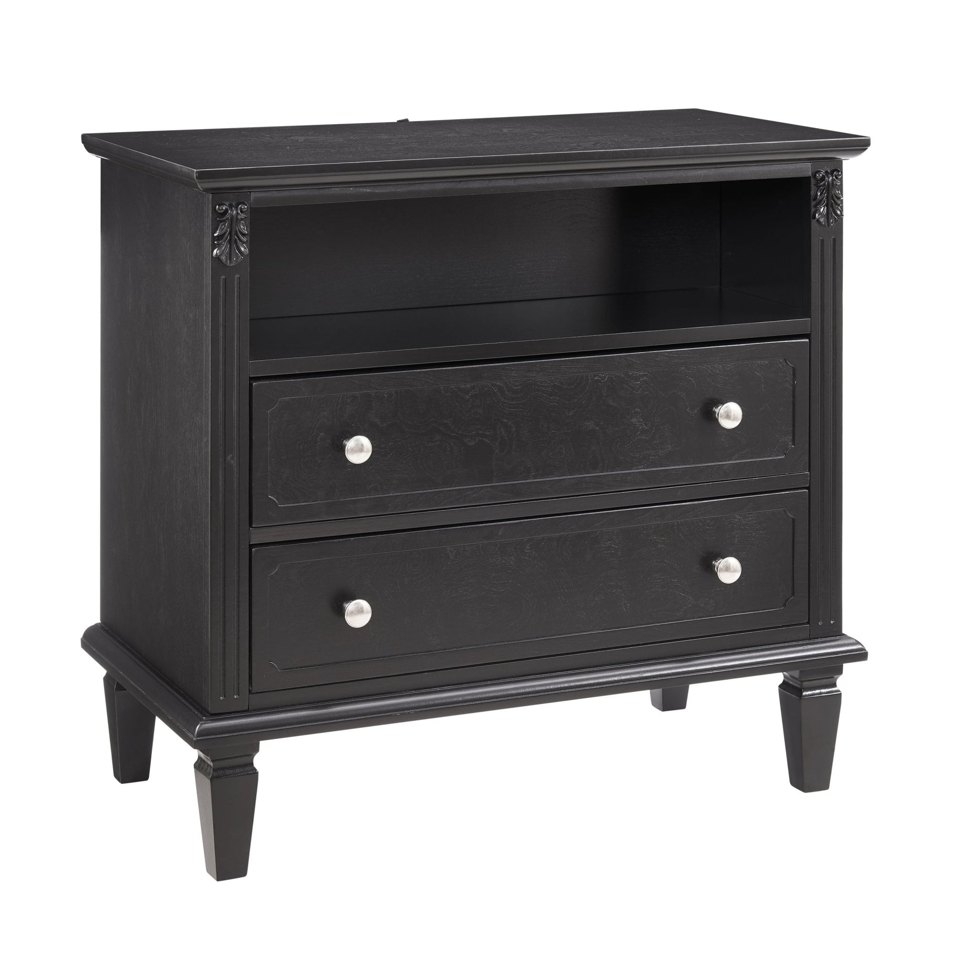 Open Space and 2 Drawers Dresser Nightstand with Charging Station, Farmhouse End Table with USB Ports and Outlets, Fluted Pilasters Design Side Table with Solid Wood Legs for Bedroom - 1st Choice Furniture Direct