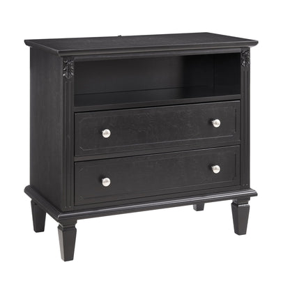 Open Space and 2 Drawers Dresser Nightstand with Charging Station, Farmhouse End Table with USB Ports and Outlets, Fluted Pilasters Design Side Table with Solid Wood Legs for Bedroom - 1st Choice Furniture Direct