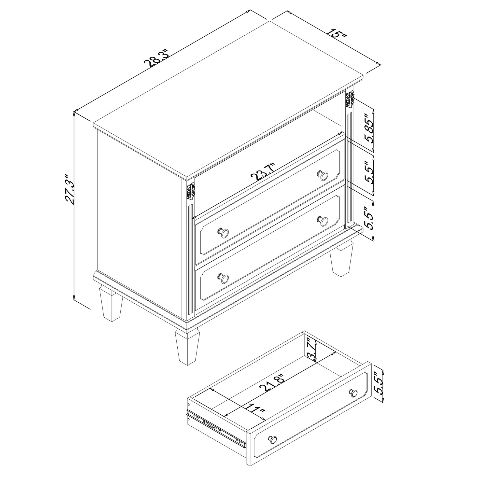 Open Space and 2 Drawers Dresser Nightstand with Charging Station, Farmhouse End Table with USB Ports and Outlets, Fluted Pilasters Design Side Table with Solid Wood Legs for Bedroom - 1st Choice Furniture Direct
