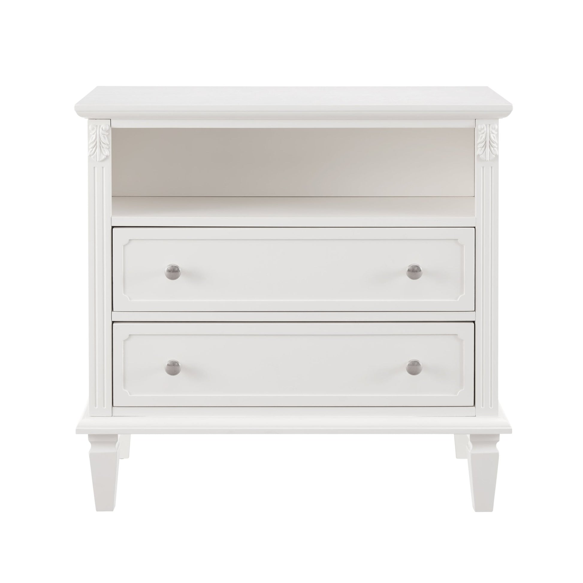 Open Space and 2 Drawers Dresser Nightstand with Charging Station, Farmhouse End Table with USB Ports and Outlets, Fluted Pilasters Design Side Table with Solid Wood Legs for Bedroom - 1st Choice Furniture Direct