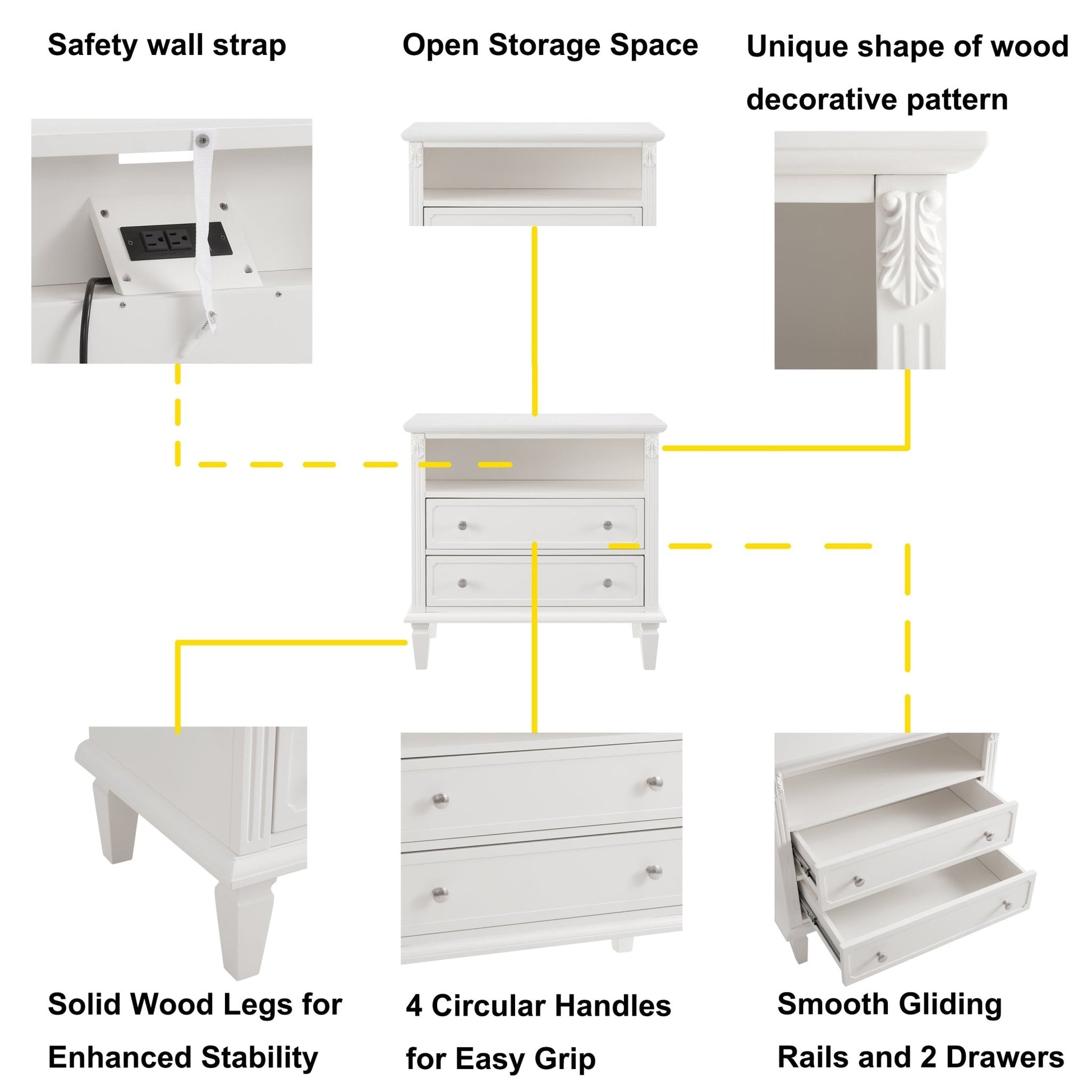 Open Space and 2 Drawers Dresser Nightstand with Charging Station, Farmhouse End Table with USB Ports and Outlets, Fluted Pilasters Design Side Table with Solid Wood Legs for Bedroom - 1st Choice Furniture Direct