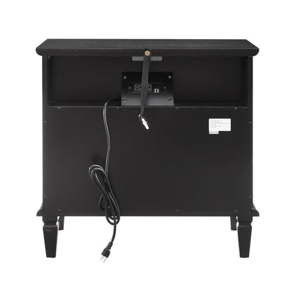 Open Space and 2 Drawers Dresser Nightstand with Charging Station, Farmhouse End Table with USB Ports and Outlets, Fluted Pilasters Design Side Table with Solid Wood Legs for Bedroom - 1st Choice Furniture Direct