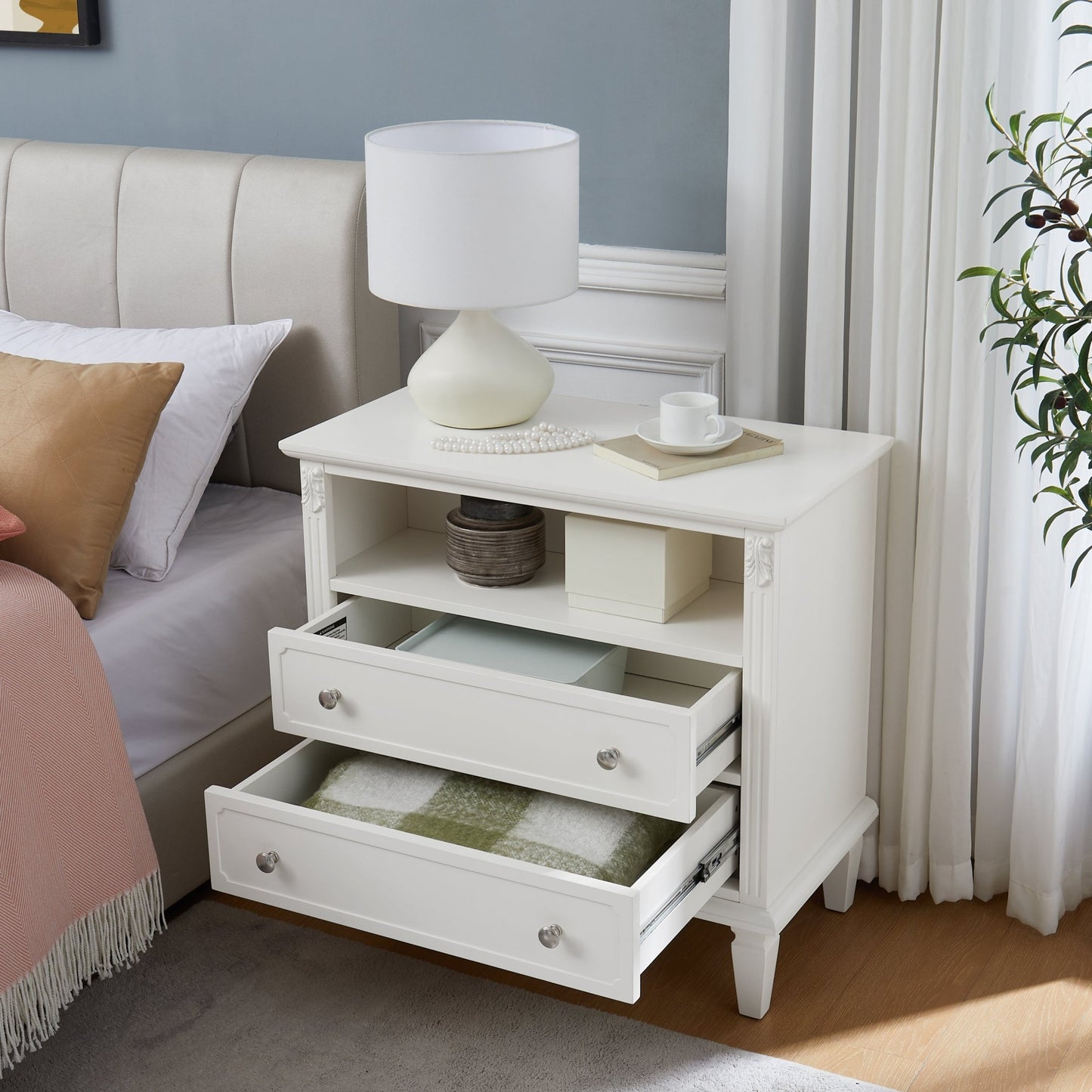 Open Space and 2 Drawers Dresser Nightstand with Charging Station, Farmhouse End Table with USB Ports and Outlets, Fluted Pilasters Design Side Table with Solid Wood Legs for Bedroom - 1st Choice Furniture Direct