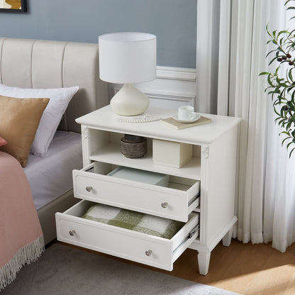 Open Space and 2 Drawers Dresser Nightstand with Charging Station, Farmhouse End Table with USB Ports and Outlets, Fluted Pilasters Design Side Table with Solid Wood Legs for Bedroom - 1st Choice Furniture Direct