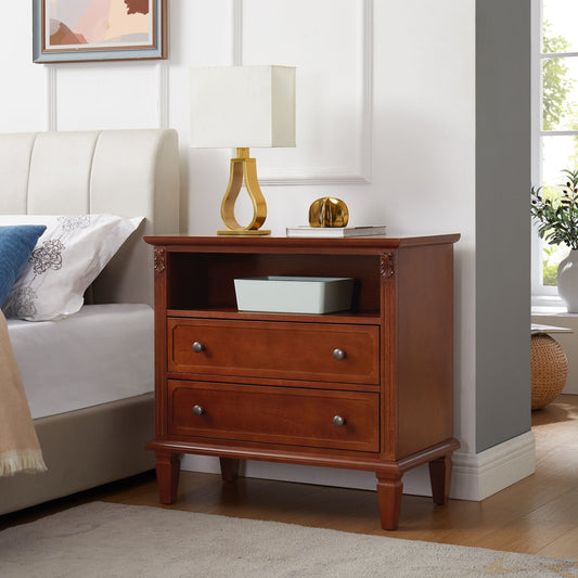 Open Space and 2 Drawers Dresser Nightstand with Charging Station, Farmhouse End Table with USB Ports and Outlets, Fluted Pilasters Design Side Table with Solid Wood Legs for Bedroom - 1st Choice Furniture Direct
