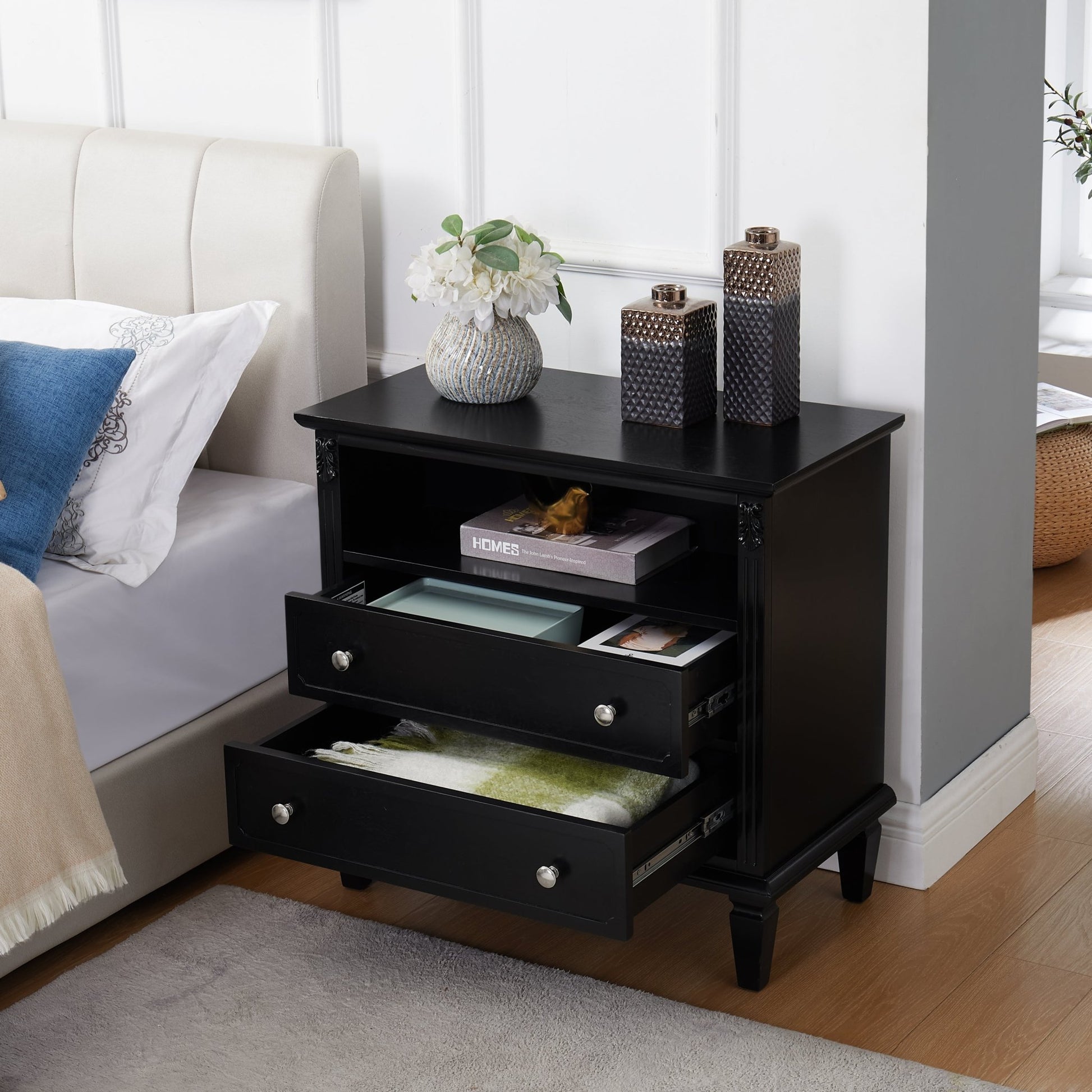 Open Space and 2 Drawers Dresser Nightstand with Charging Station, Farmhouse End Table with USB Ports and Outlets, Fluted Pilasters Design Side Table with Solid Wood Legs for Bedroom - 1st Choice Furniture Direct