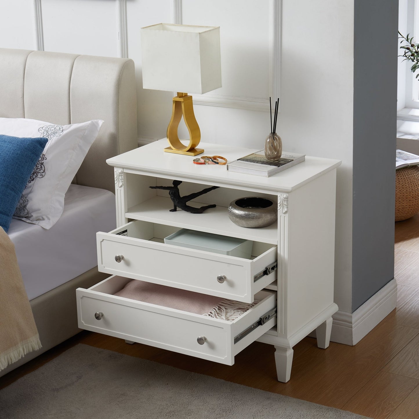 Open Space and 2 Drawers Dresser Nightstand with Charging Station, Farmhouse End Table with USB Ports and Outlets, Fluted Pilasters Design Side Table with Solid Wood Legs for Bedroom - 1st Choice Furniture Direct