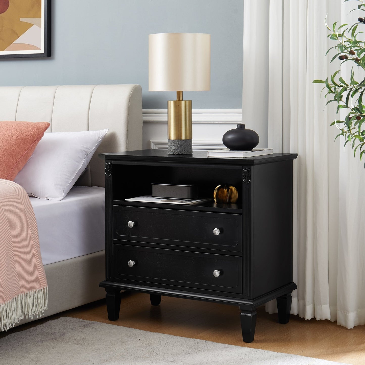 Open Space and 2 Drawers Dresser Nightstand with Charging Station, Farmhouse End Table with USB Ports and Outlets, Fluted Pilasters Design Side Table with Solid Wood Legs for Bedroom - 1st Choice Furniture Direct