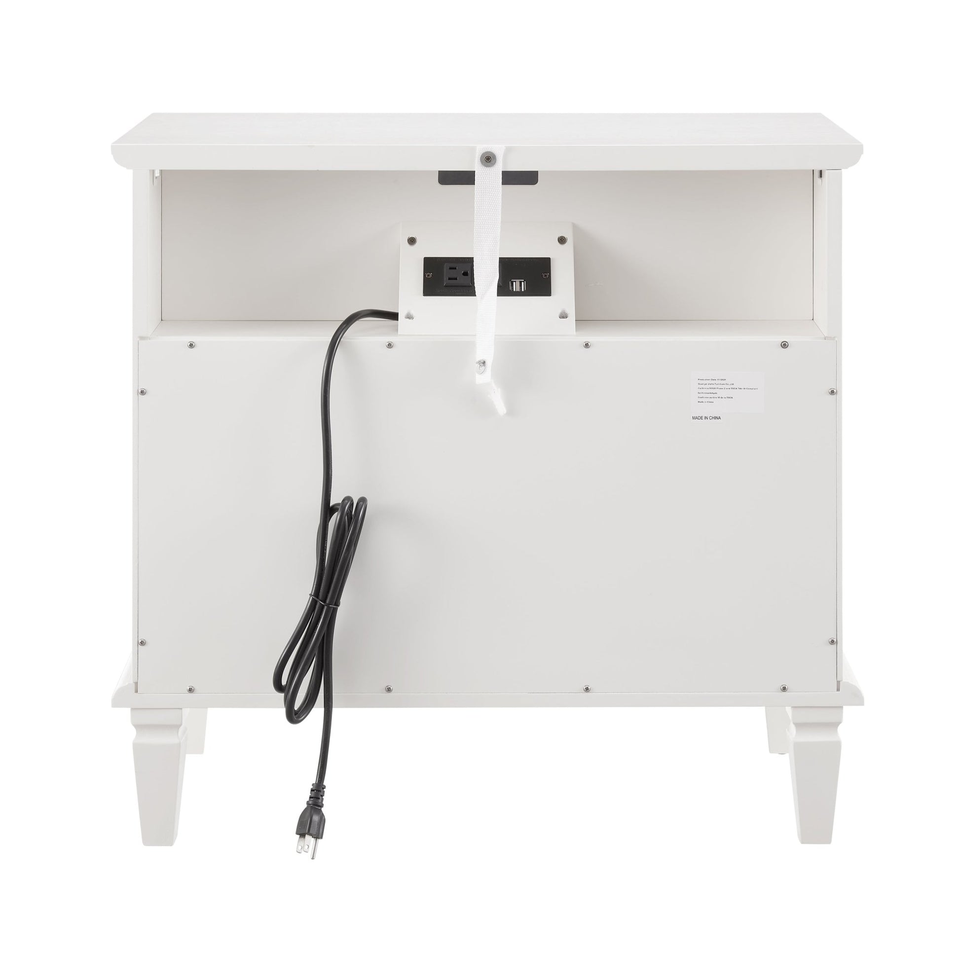 Open Space and 2 Drawers Dresser Nightstand with Charging Station, Farmhouse End Table with USB Ports and Outlets, Fluted Pilasters Design Side Table with Solid Wood Legs for Bedroom - 1st Choice Furniture Direct