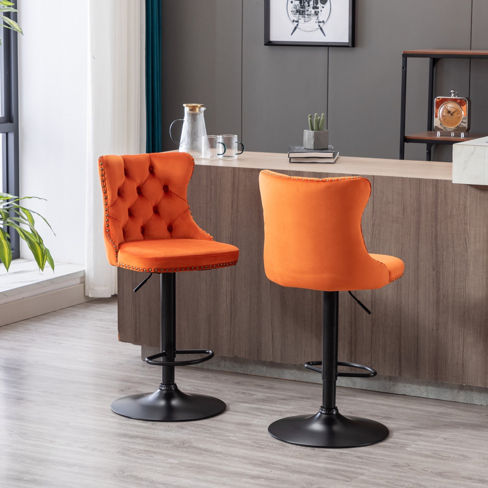 Orange Velvet Swivel Bar Stools Set of 2 | Adjustable Tufted Counter Chairs (25–33”) - 1st Choice Furniture Direct