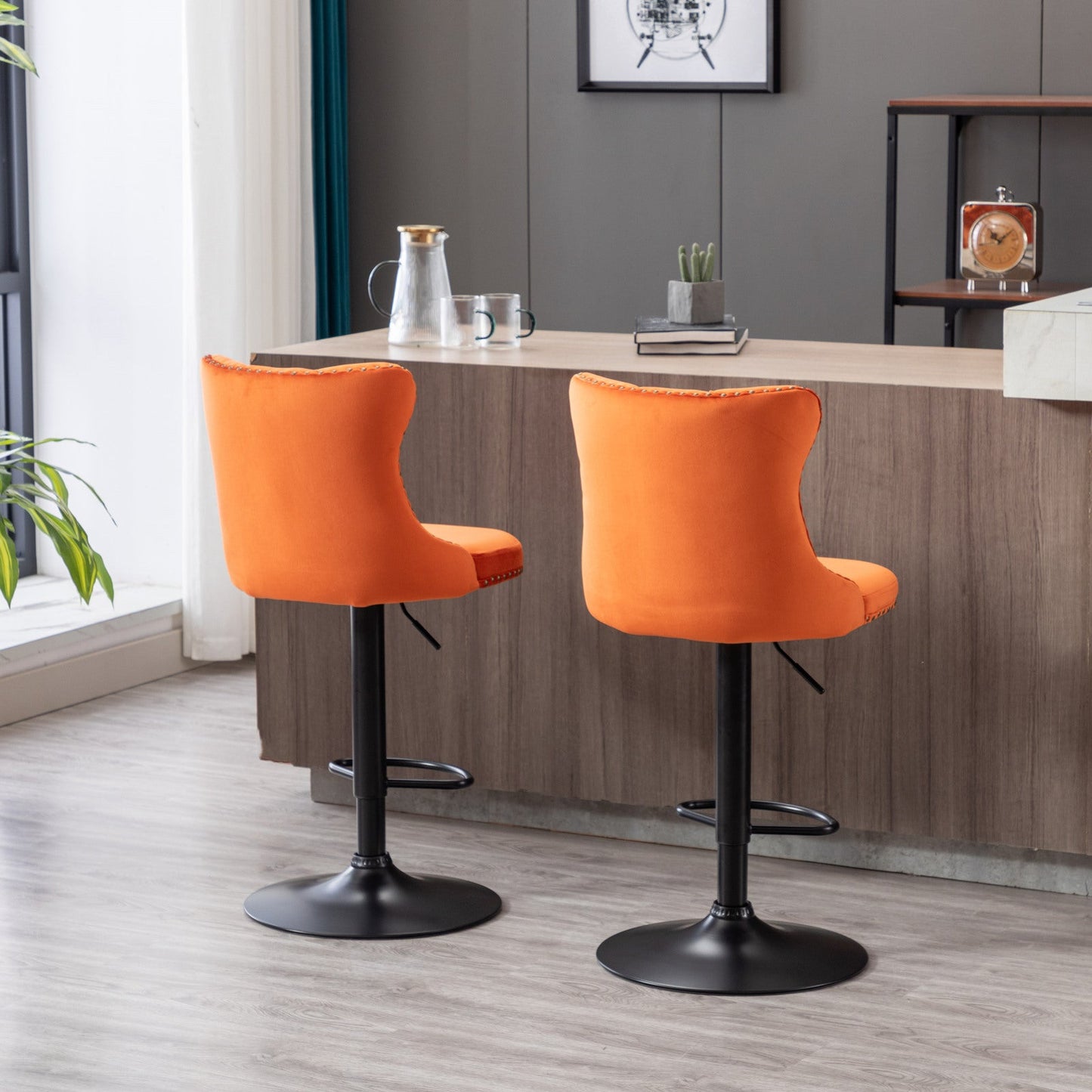 Orange Velvet Swivel Bar Stools Set of 2 | Adjustable Tufted Counter Chairs (25–33”) - 1st Choice Furniture Direct
