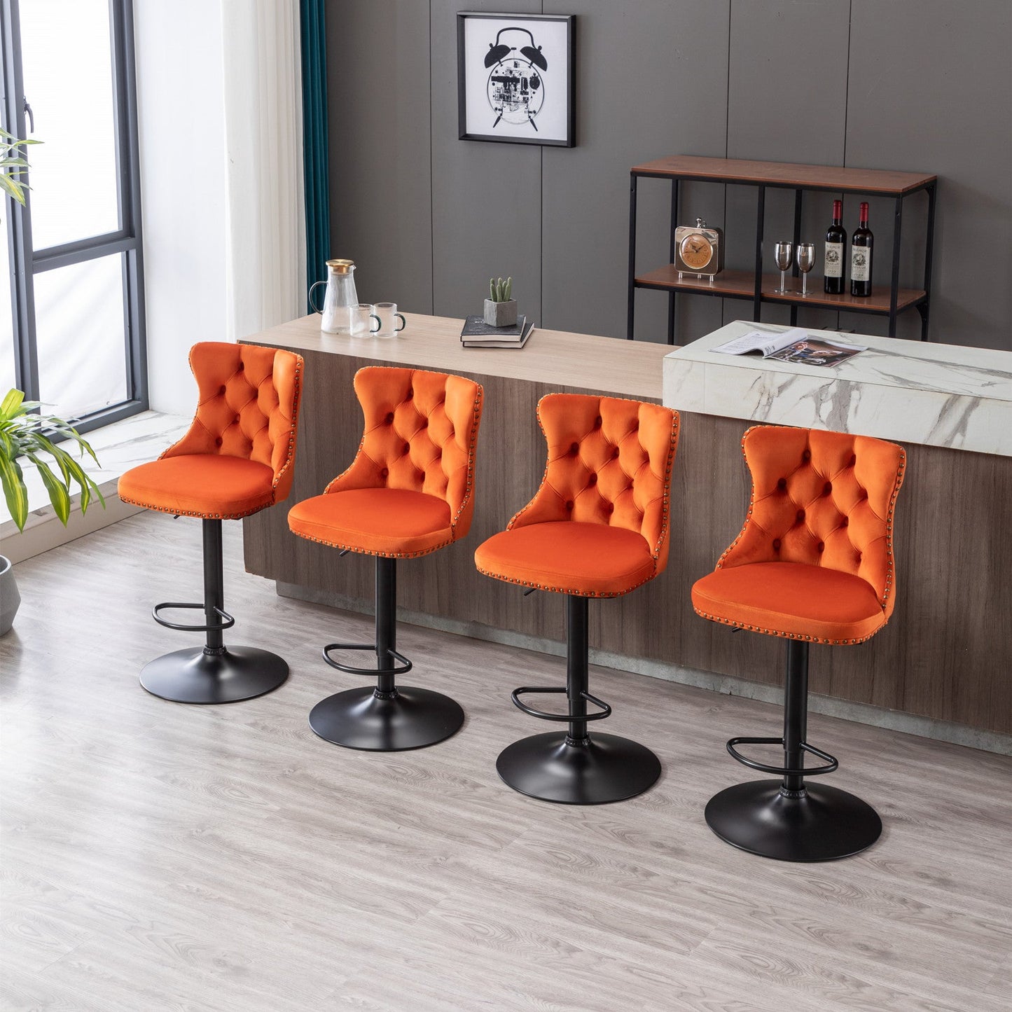 Orange Velvet Swivel Bar Stools Set of 2 | Adjustable Tufted Counter Chairs (25–33”) - 1st Choice Furniture Direct