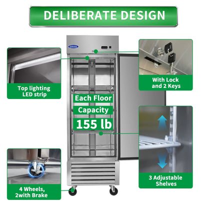 ORIKOOL 27' Commercial Freezer 23 Cu.ft with 1 Solid Door Reach-In Freezers Stainless Steel ETL Approved Upright Freeze Storage - 1st Choice Furniture Direct