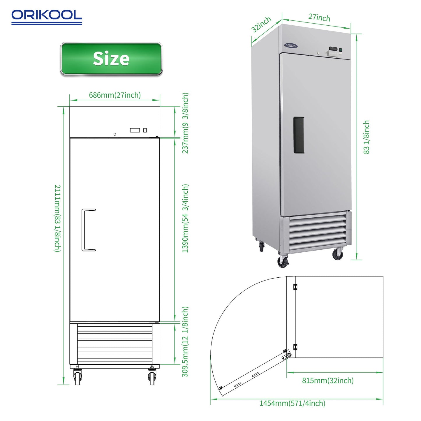 ORIKOOL 27' Commercial Freezer 23 Cu.ft with 1 Solid Door Reach-In Freezers Stainless Steel ETL Approved Upright Freeze Storage - 1st Choice Furniture Direct