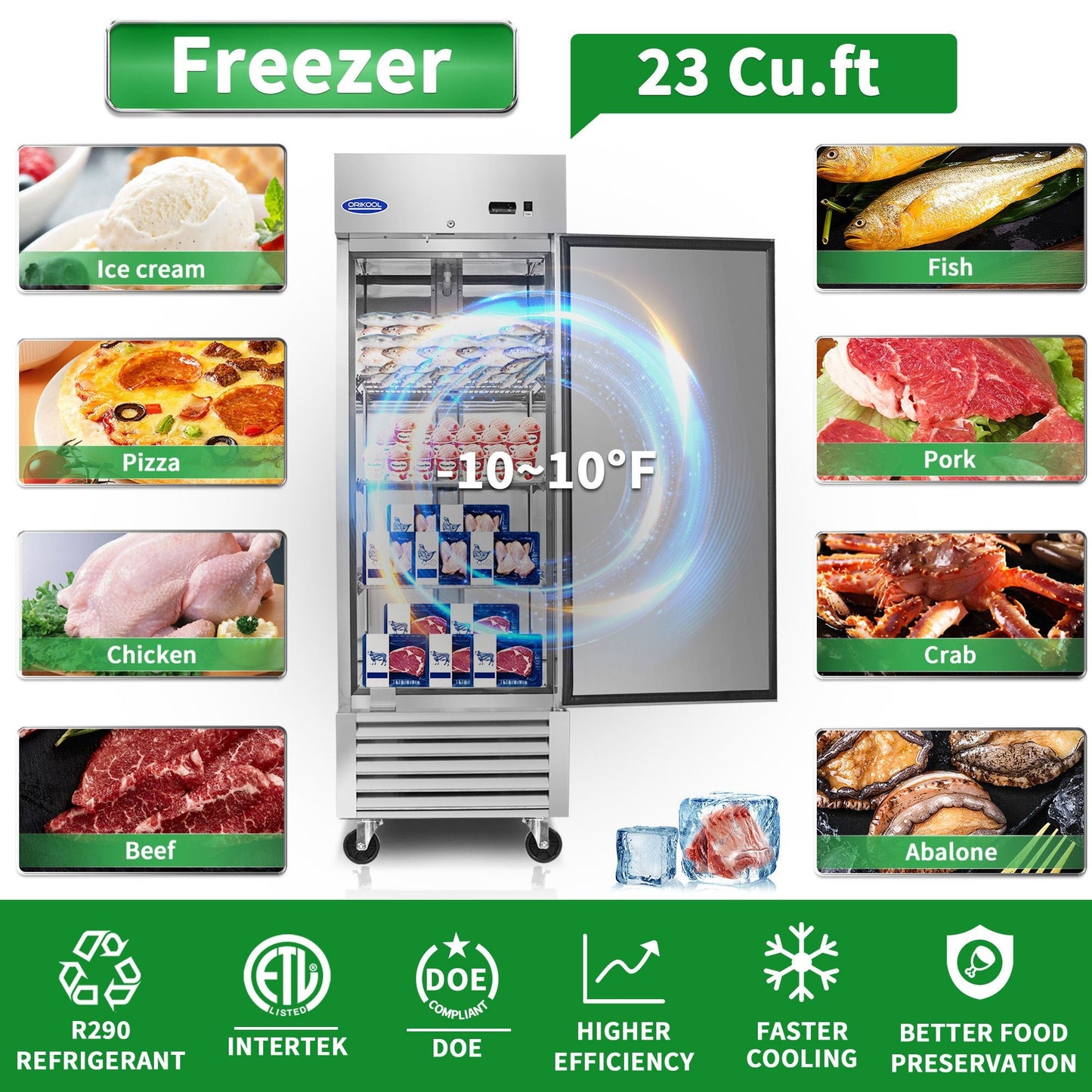 ORIKOOL 27' Commercial Freezer 23 Cu.ft with 1 Solid Door Reach-In Freezers Stainless Steel ETL Approved Upright Freeze Storage - 1st Choice Furniture Direct