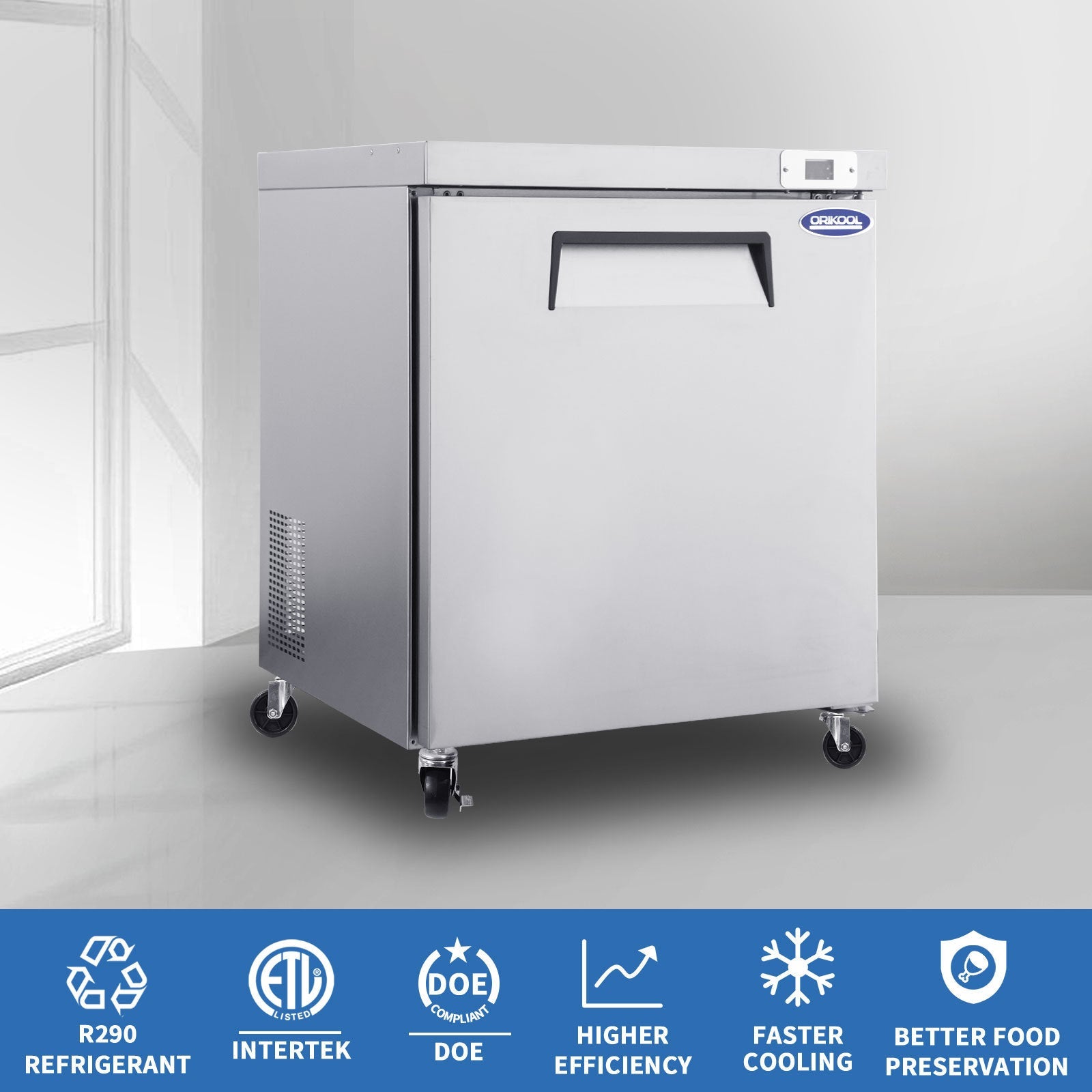ORIKOOL 29' Commercial Under Counter Freezer 1 Door 8 Cu.ft Undercounter Work Top Freezers ETL Approved - 1st Choice Furniture Direct