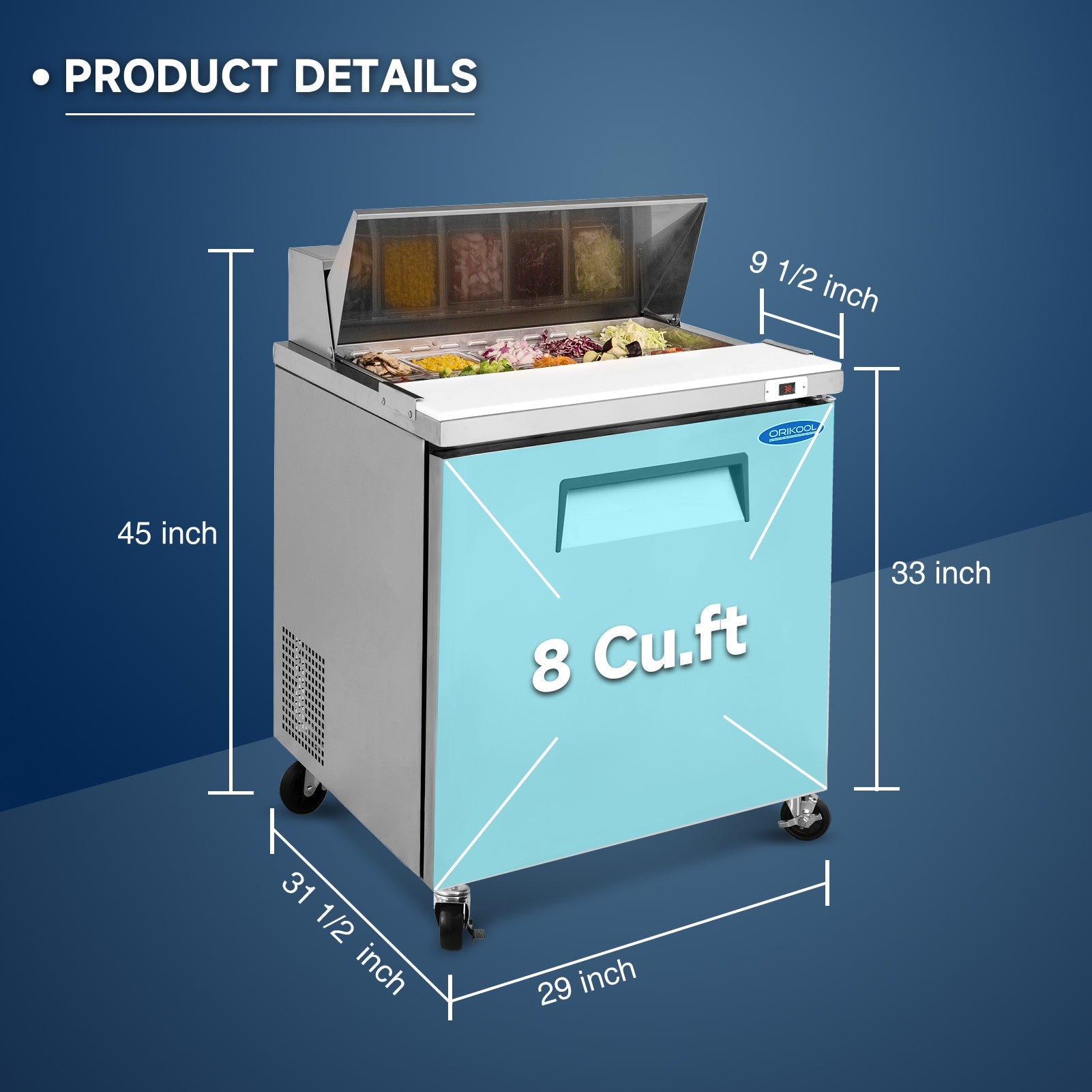Orikool 29 IN Commercial Refrigerators Sandwich&Salad Prep Table with a Butcher Block Cutting Board, Protection Lid, Cold Storage, ETL Certified - 1st Choice Furniture Direct