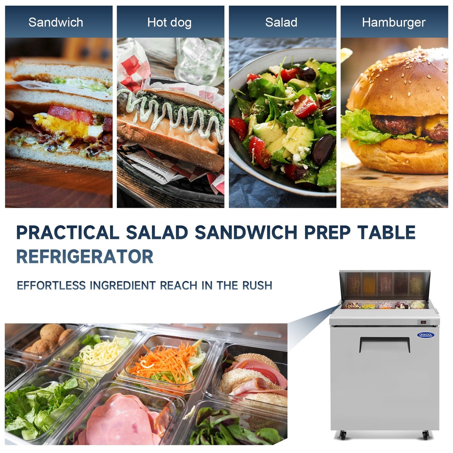 Orikool 29 IN Commercial Refrigerators Sandwich&Salad Prep Table with a Butcher Block Cutting Board, Protection Lid, Cold Storage, ETL Certified - 1st Choice Furniture Direct
