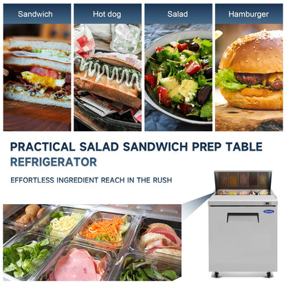 Orikool 29 IN Commercial Refrigerators Sandwich&Salad Prep Table with a Butcher Block Cutting Board, Protection Lid, Cold Storage, ETL Certified - 1st Choice Furniture Direct