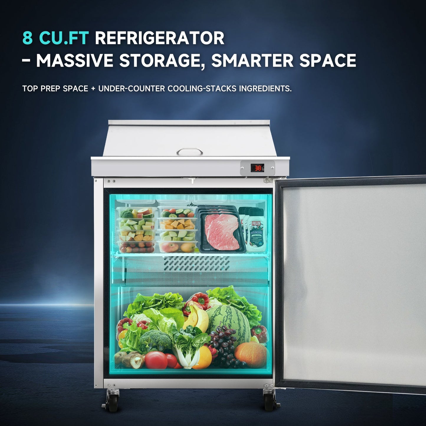 Orikool 29 IN Commercial Refrigerators Sandwich&Salad Prep Table with a Butcher Block Cutting Board, Protection Lid, Cold Storage, ETL Certified - 1st Choice Furniture Direct