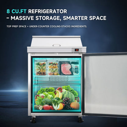 Orikool 29 IN Commercial Refrigerators Sandwich&Salad Prep Table with a Butcher Block Cutting Board, Protection Lid, Cold Storage, ETL Certified - 1st Choice Furniture Direct