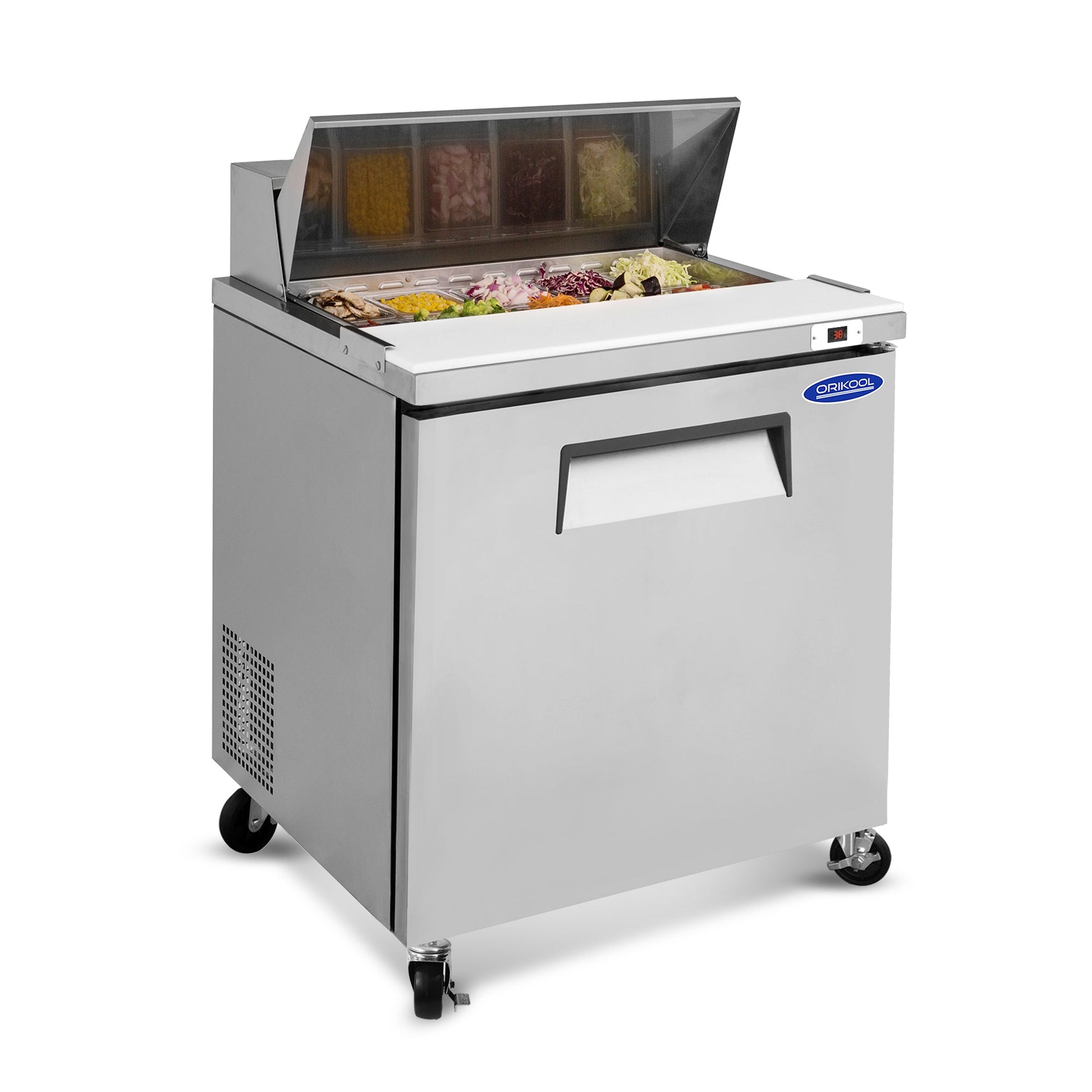 Orikool 29 IN Commercial Refrigerators Sandwich&Salad Prep Table with a Butcher Block Cutting Board, Protection Lid, Cold Storage, ETL Certified - 1st Choice Furniture Direct