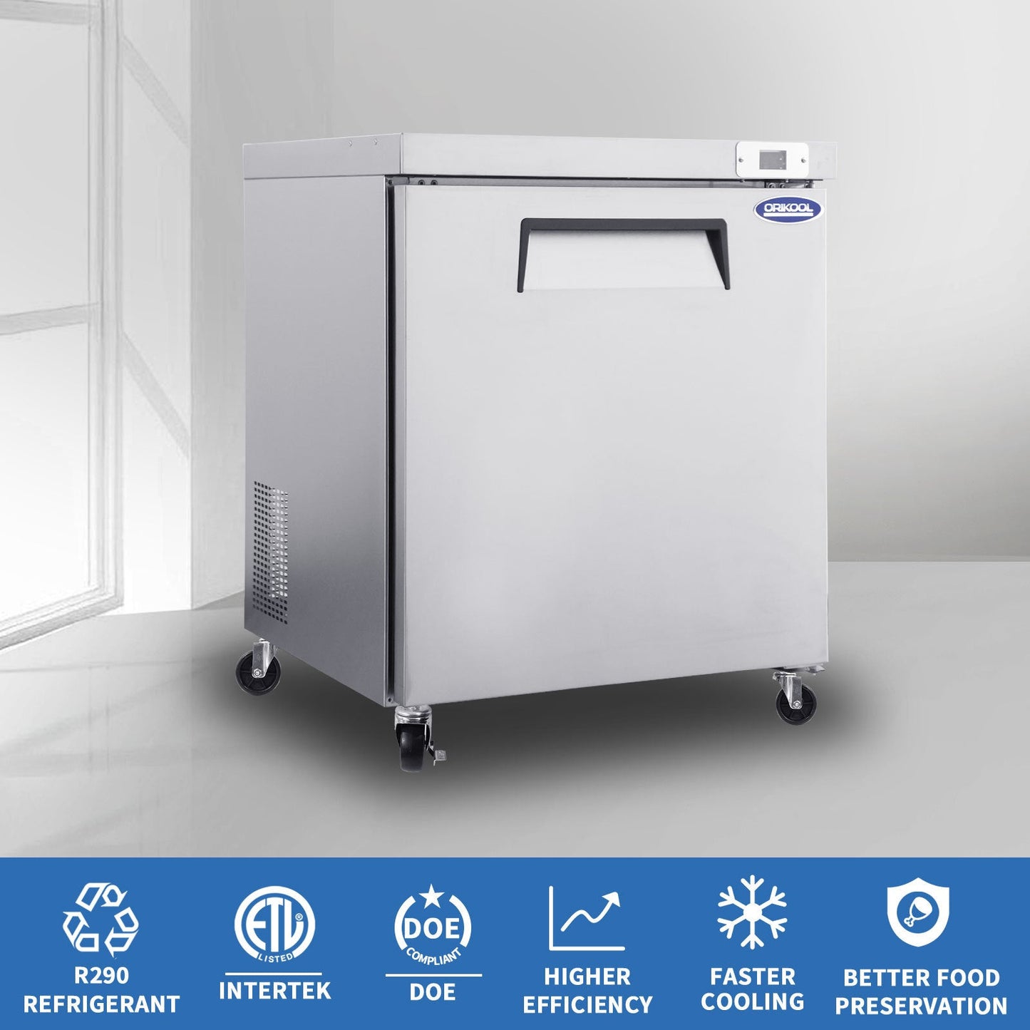 Orikool 29 IN Commercial Refrigerators, Undercounter Refrigerators 8 Cu.Ft with Smooth Casters, 1 Door, ETL Listed for Restaurants, Cafes, Bars And Pizzerias - 1st Choice Furniture Direct