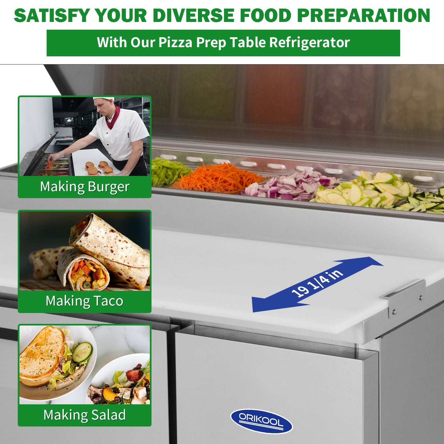 Orikool 44 IN Commercial Pizza Prep Table with a Built - in Refrigerator 11 Cu.Ft, Butcher Block Cutting Board, Protection Lid, Cold Storage, and Smooth - Rolling Casters, ETL Certified - 1st Choice Furniture Direct