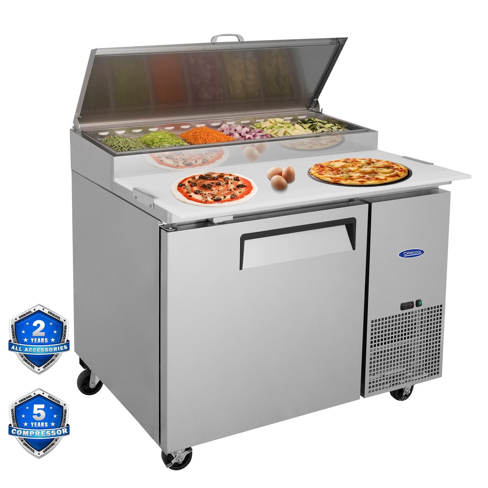 Orikool 44 IN Commercial Pizza Prep Table with a Built - in Refrigerator 11 Cu.Ft, Butcher Block Cutting Board, Protection Lid, Cold Storage, and Smooth - Rolling Casters, ETL Certified - 1st Choice Furniture Direct