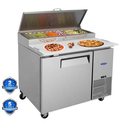 Orikool 44 IN Commercial Pizza Prep Table with a Built - in Refrigerator 11 Cu.Ft, Butcher Block Cutting Board, Protection Lid, Cold Storage, and Smooth - Rolling Casters, ETL Certified - 1st Choice Furniture Direct