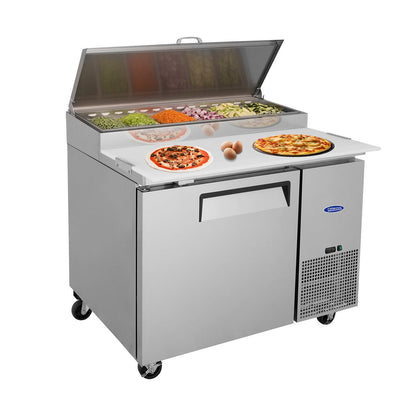 Orikool 44 IN Commercial Pizza Prep Table with a Built - in Refrigerator 11 Cu.Ft, Butcher Block Cutting Board, Protection Lid, Cold Storage, and Smooth - Rolling Casters, ETL Certified - 1st Choice Furniture Direct