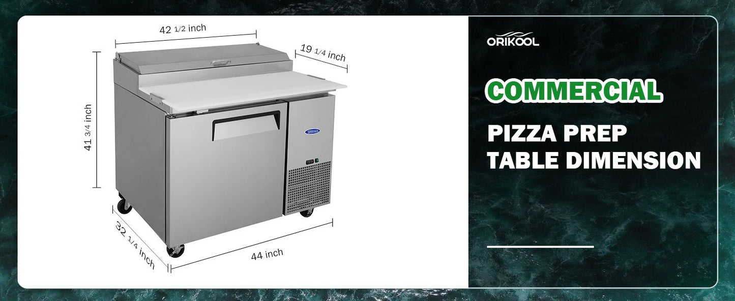 Orikool 44 IN Commercial Pizza Prep Table with a Built - in Refrigerator 11 Cu.Ft, Butcher Block Cutting Board, Protection Lid, Cold Storage, and Smooth - Rolling Casters, ETL Certified - 1st Choice Furniture Direct