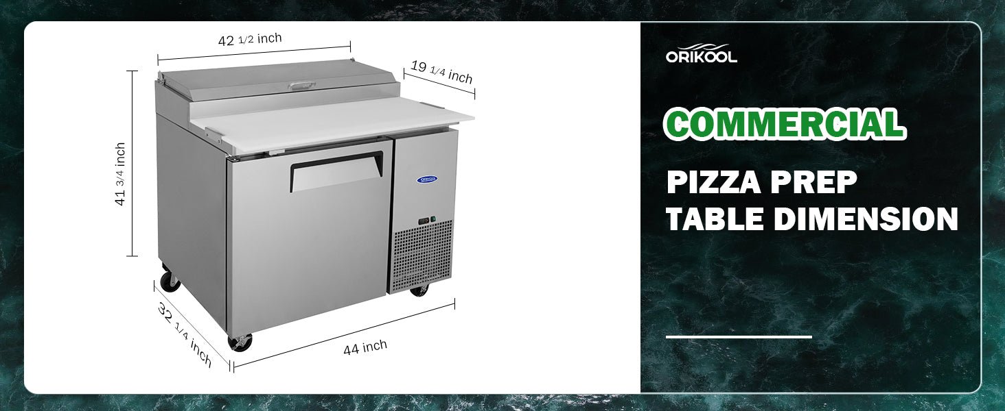 Orikool 44 IN Commercial Pizza Prep Table with a Built - in Refrigerator 11 Cu.Ft, Butcher Block Cutting Board, Protection Lid, Cold Storage, and Smooth - Rolling Casters, ETL Certified - 1st Choice Furniture Direct