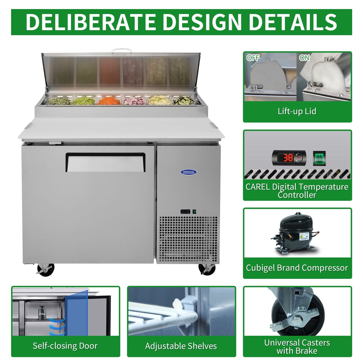 Orikool 44 IN Commercial Pizza Prep Table with a Built - in Refrigerator 11 Cu.Ft, Butcher Block Cutting Board, Protection Lid, Cold Storage, and Smooth - Rolling Casters, ETL Certified - 1st Choice Furniture Direct
