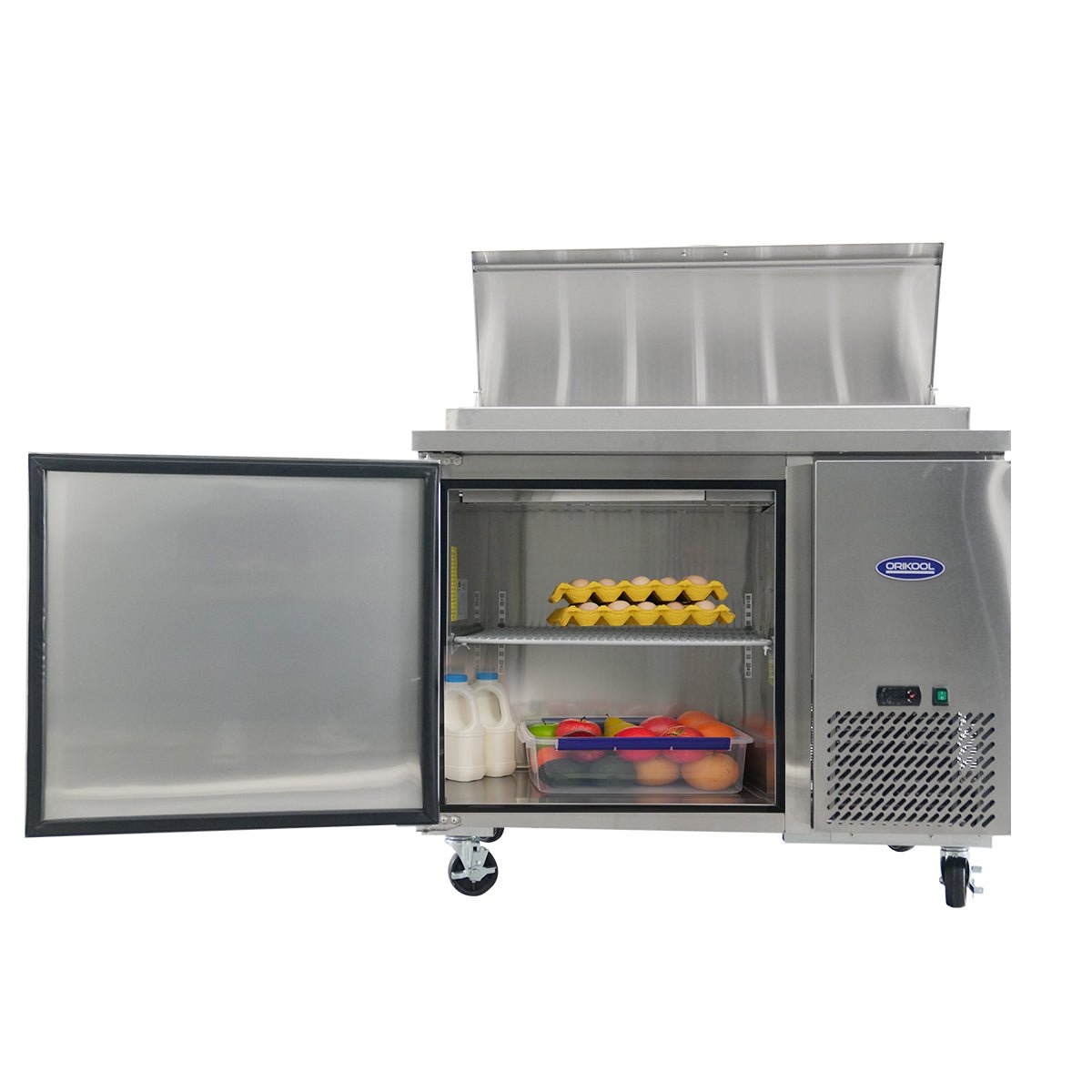 Orikool 44 IN Commercial Pizza Prep Table with a Built - in Refrigerator 11 Cu.Ft, Butcher Block Cutting Board, Protection Lid, Cold Storage, and Smooth - Rolling Casters, ETL Certified - 1st Choice Furniture Direct
