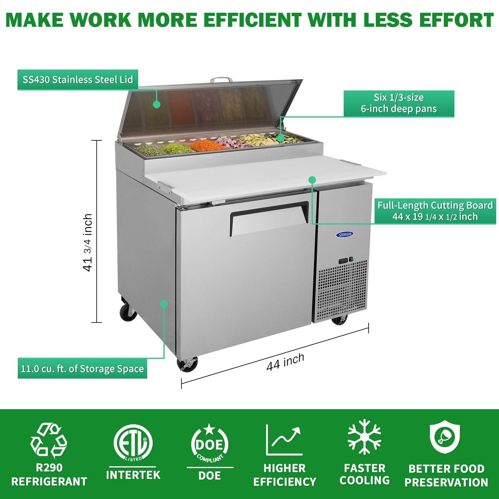 Orikool 44 IN Commercial Pizza Prep Table with a Built - in Refrigerator 11 Cu.Ft, Butcher Block Cutting Board, Protection Lid, Cold Storage, and Smooth - Rolling Casters, ETL Certified - 1st Choice Furniture Direct