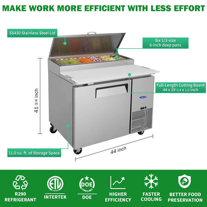 Orikool 44 IN Commercial Pizza Prep Table with a Built - in Refrigerator 11 Cu.Ft, Butcher Block Cutting Board, Protection Lid, Cold Storage, and Smooth - Rolling Casters, ETL Certified - 1st Choice Furniture Direct