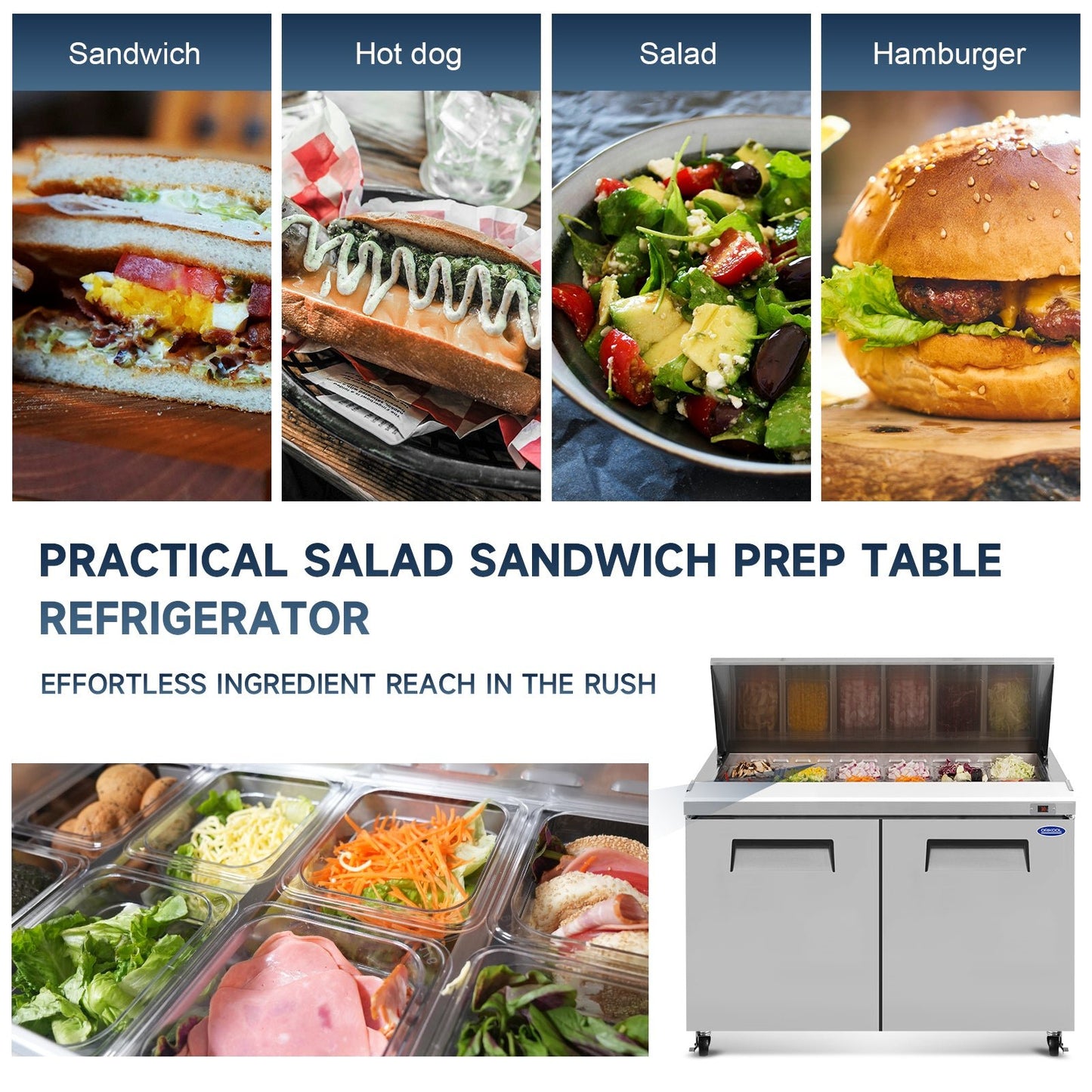 Orikool 48 IN Commercial Refrigerators Sandwich&Salad Prep Table with a Butcher Block Cutting Board, Protection Lid, Cold Storage, ETL Certified - 1st Choice Furniture Direct