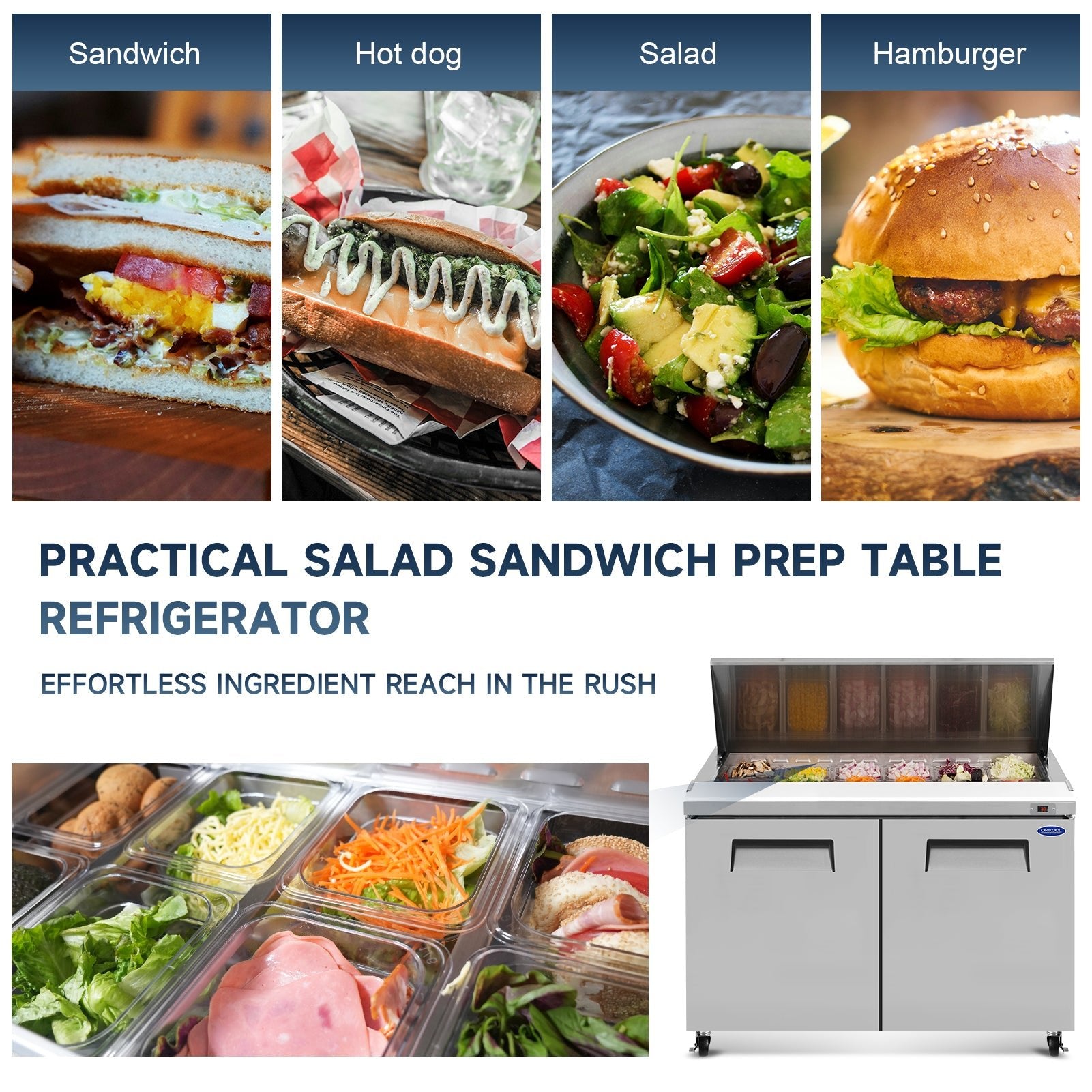 Orikool 48 IN Commercial Refrigerators Sandwich&Salad Prep Table with a Butcher Block Cutting Board, Protection Lid, Cold Storage, ETL Certified - 1st Choice Furniture Direct