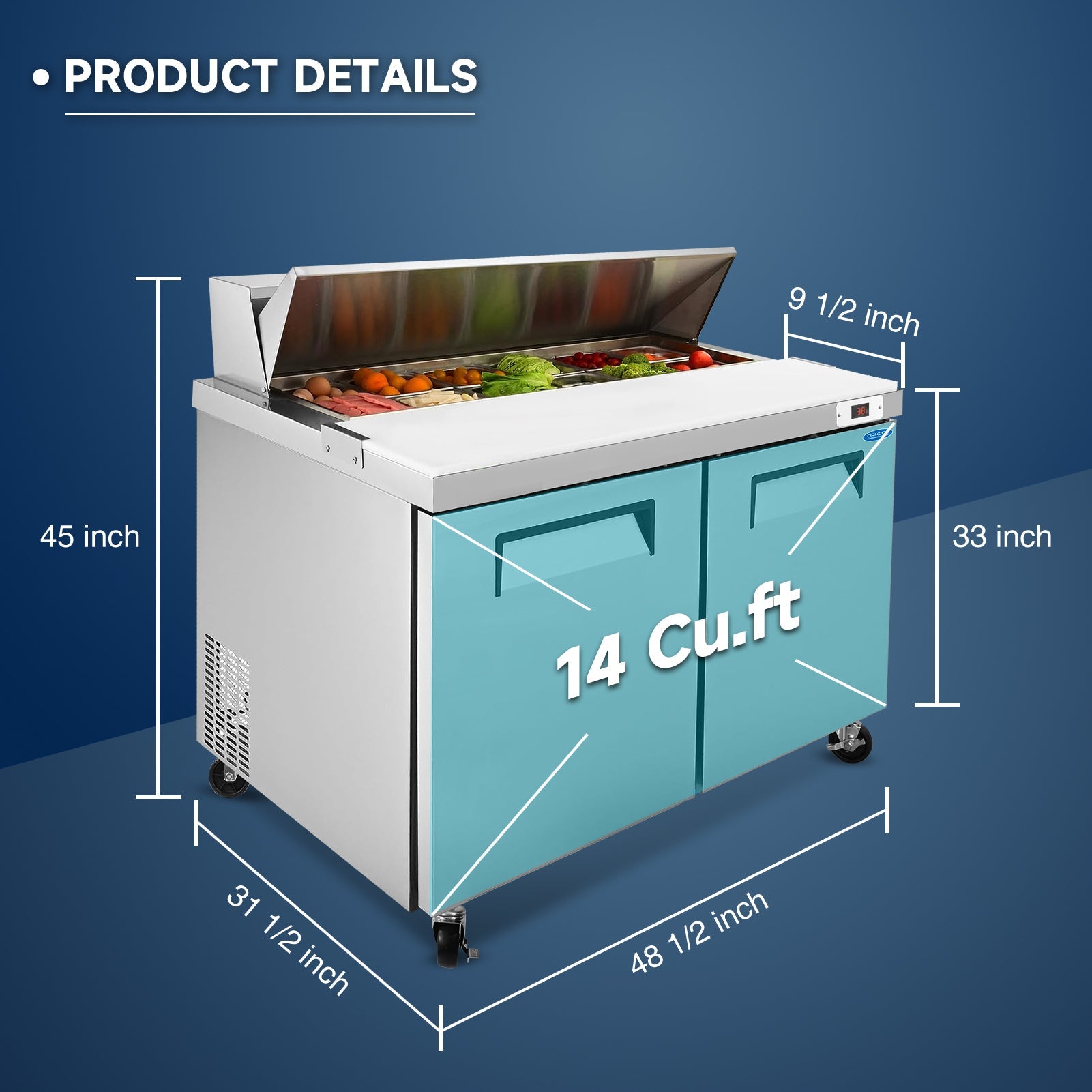 Orikool 48 IN Commercial Refrigerators Sandwich&Salad Prep Table with a Butcher Block Cutting Board, Protection Lid, Cold Storage, ETL Certified - 1st Choice Furniture Direct