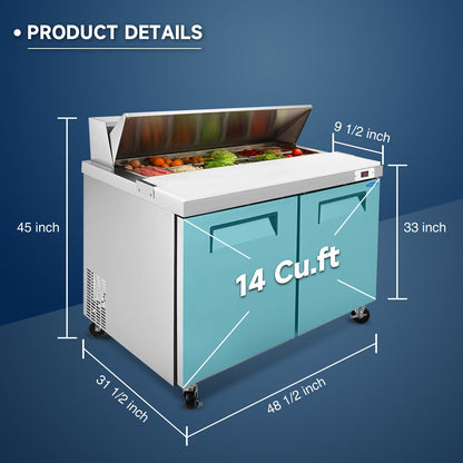Orikool 48 IN Commercial Refrigerators Sandwich&Salad Prep Table with a Butcher Block Cutting Board, Protection Lid, Cold Storage, ETL Certified - 1st Choice Furniture Direct